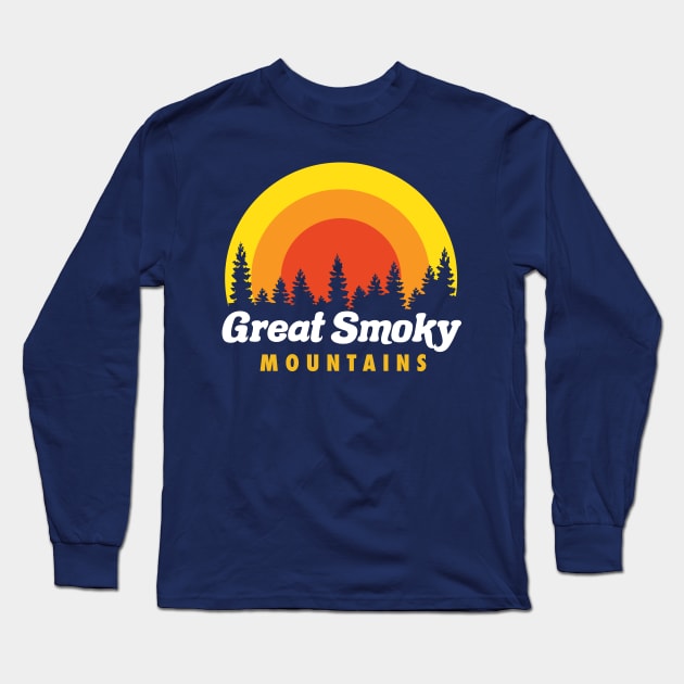 Great Smoky Mountains Retro Trees Sunset Long Sleeve T-Shirt by PodDesignShop